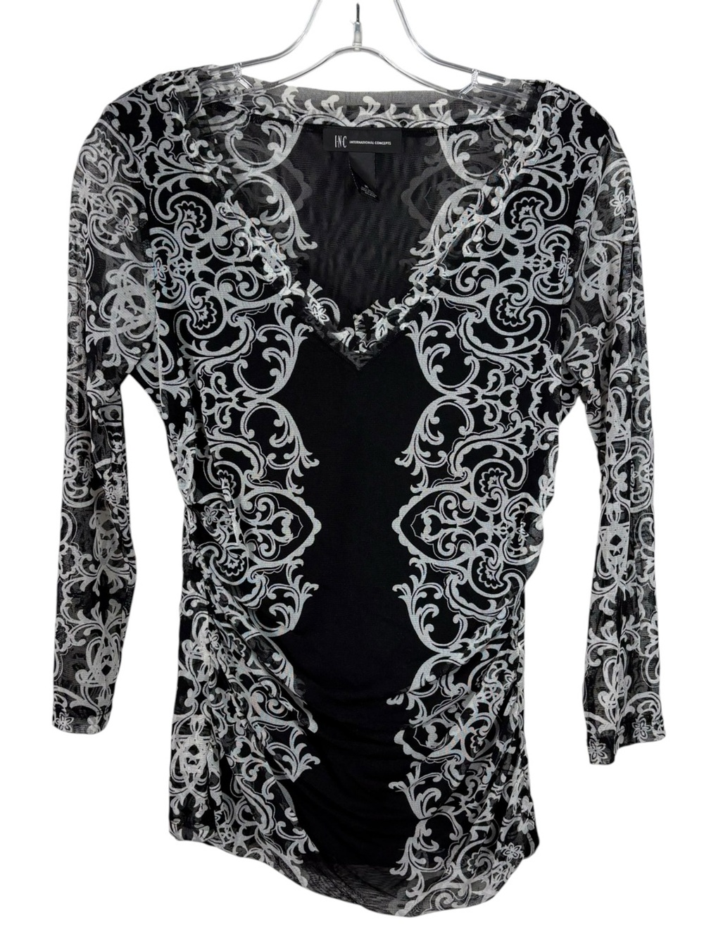 INC Vintage Y2K Sheer Mesh Black White Fitted Paisley Print Top Whimsygoth Retro